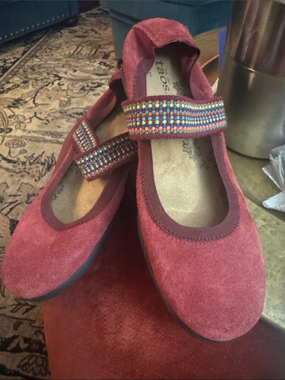 Taos Footwear Women's Red Suede Mary Jane Flats with Embroidered Strap